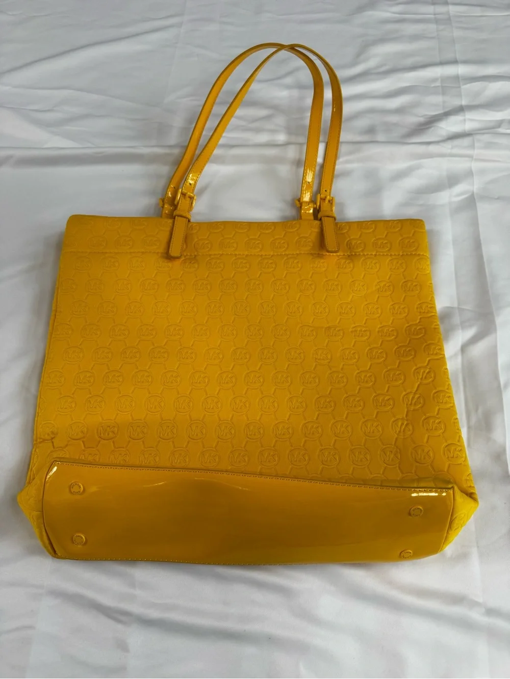 Michael Kors Signature Logo Embossed Neoprene Tote Shoulder Bag Yellow NWOT